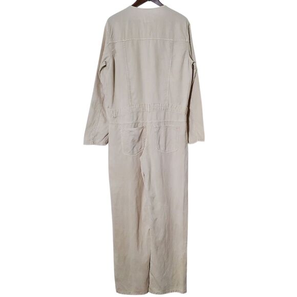 ZARA BEIGE LINEN COTTON BLEND STRAIGHT LEG LONG JUMPSUIT  WITH POCKETS Sz Large - Picture 4 of 10